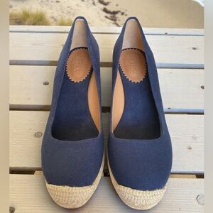 J. Crew Sz 7.5 Navy Canvas Wedge Espadrilles Heel is 3.5”